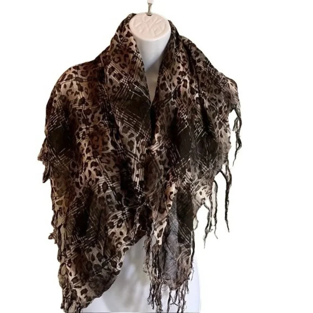 Animal Print Woven Scarf with Fringe